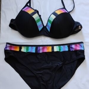 Rainbow Stripe Black Bikini Set